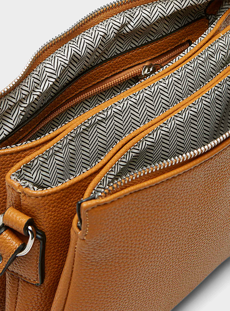 Simons: Le sac bandoulière minimaliste trois compartiments Miel chameau pour femme