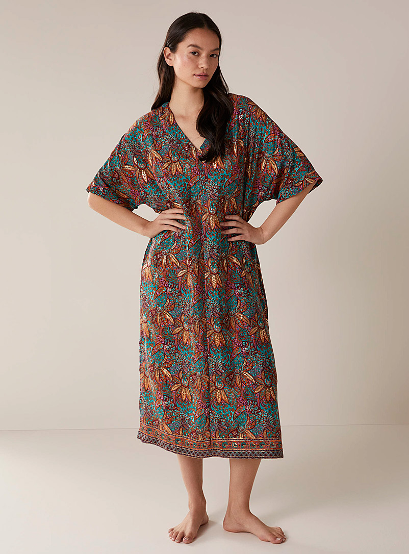 Miiyu: La robe de nuit légère motifs colorés Sarcelle-turquoise-aqua pour femme