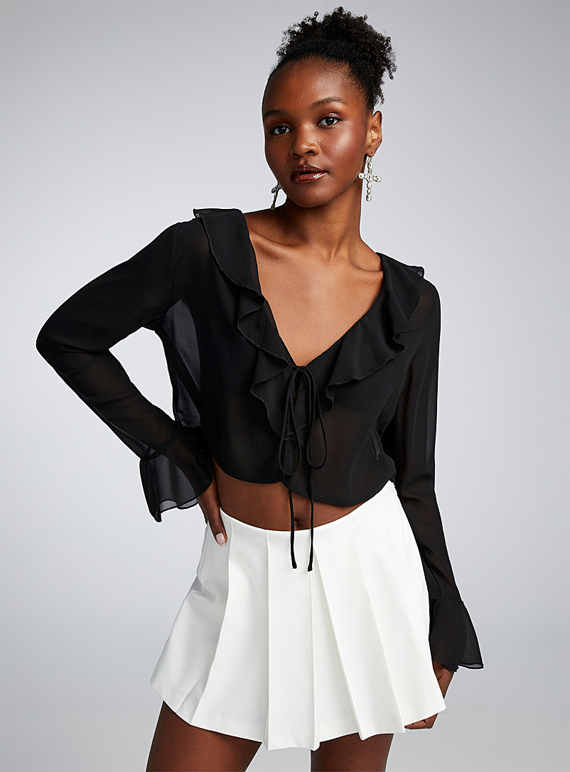 Twik Black Ruffled sheer blouse for women