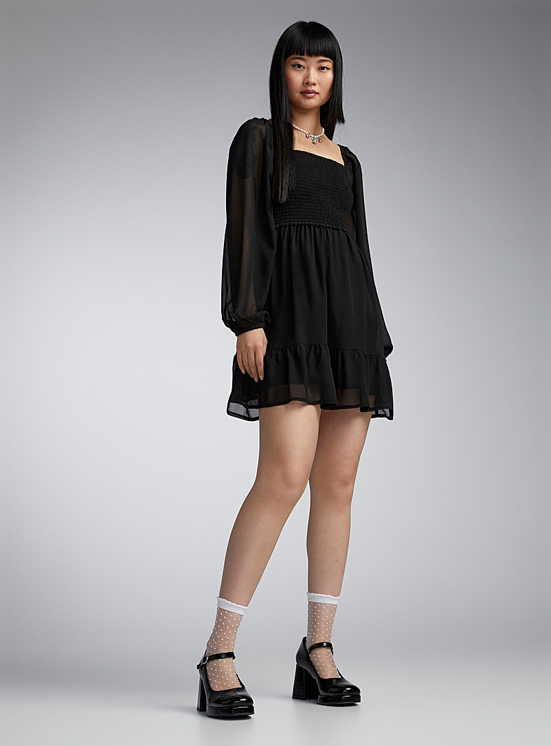 Twik Black Smocked and voile dress for women