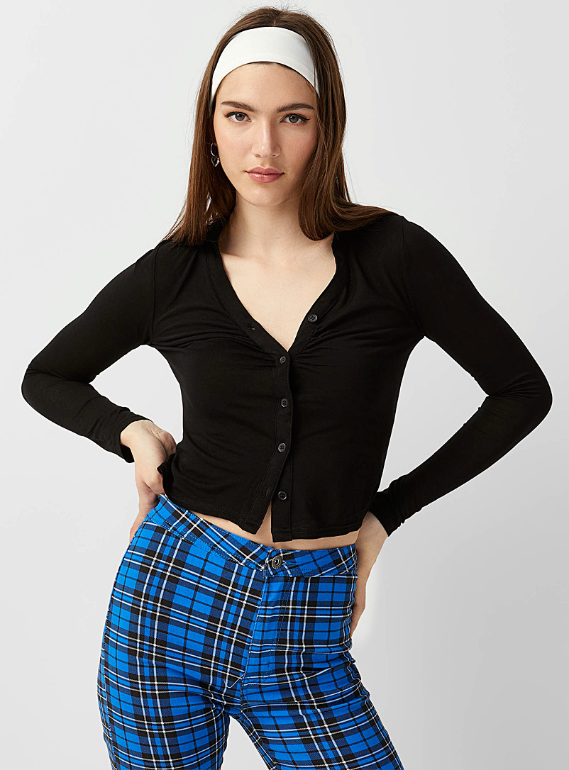 Twik Black Ruched buttoned polo blouse for women