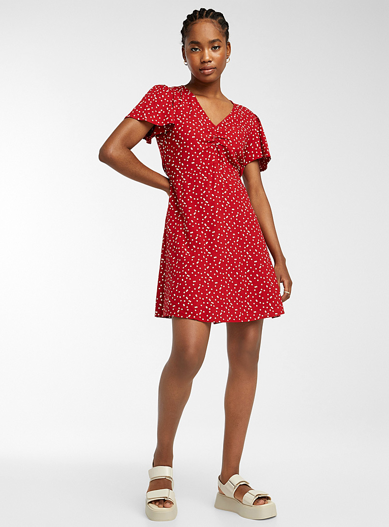 Twik Light Red Printed gathered neck dress for women
