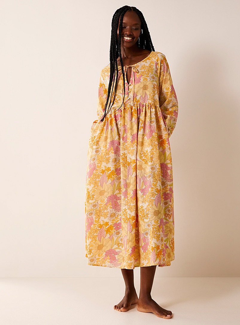 Miiyu Golden Yellow Colourful pattern long nightgown for women