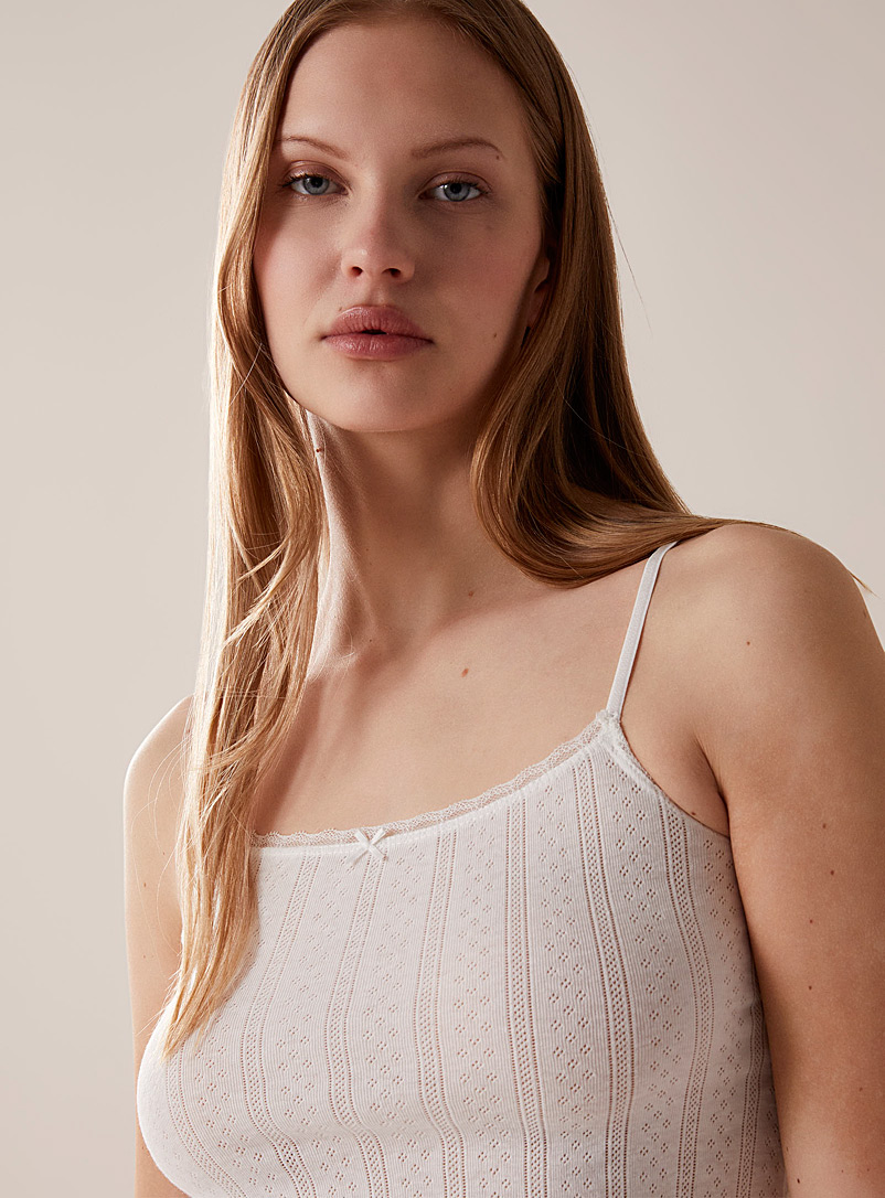 Miiyu: La camisole détente tricot pointelle bord dentelle Blanc pour femme