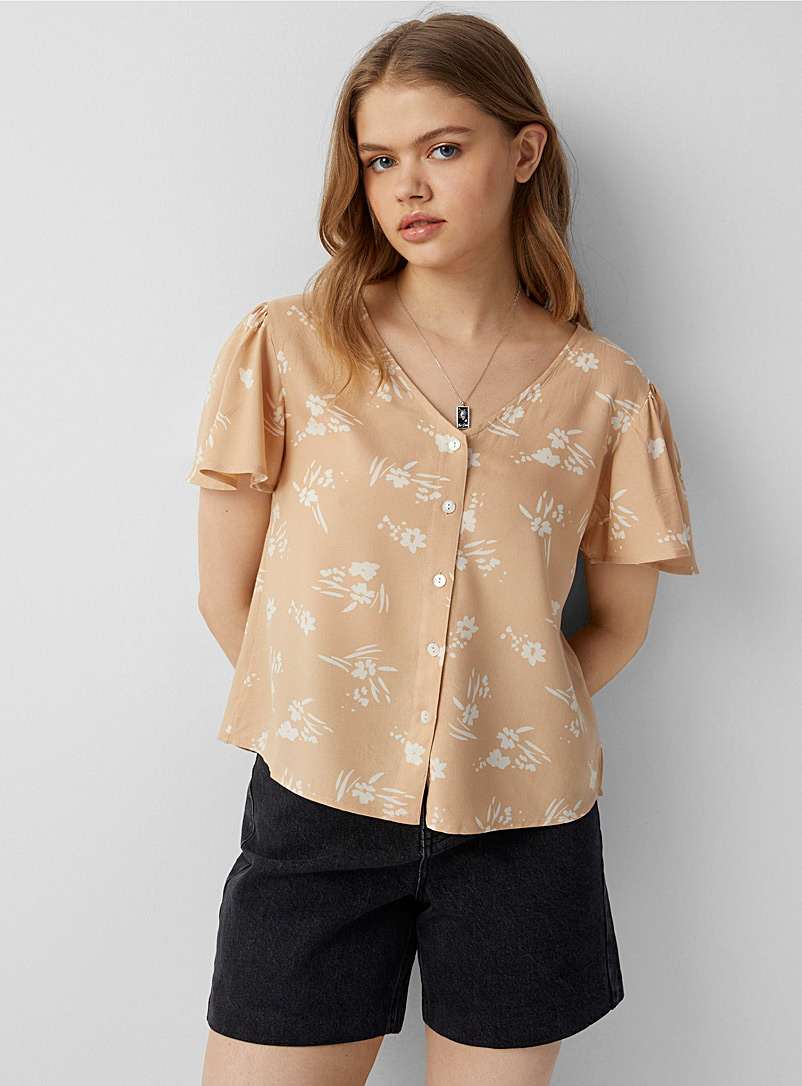Twik Ecru/Linen Ruffled sleeves boxy-fit shirt for women