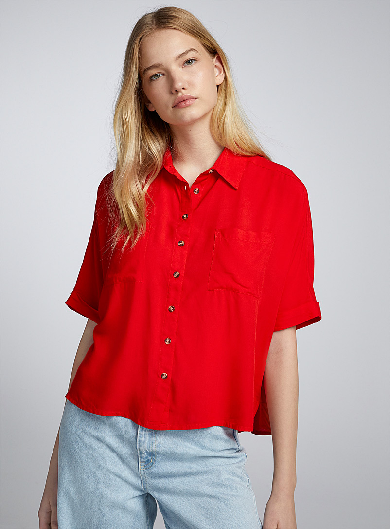 Twik Cherry Red Two-pocket boxy-fit shirt for women