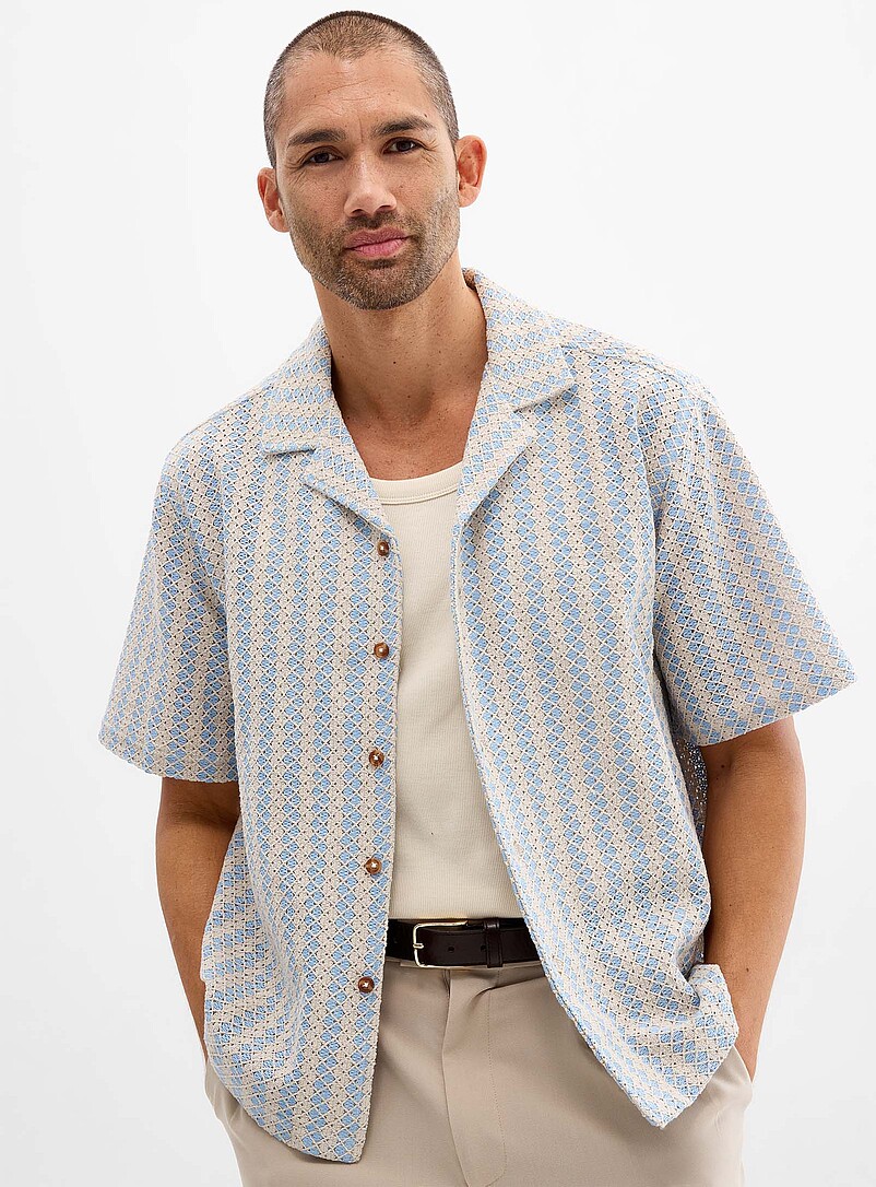 Le 31 Slate Blue Lattice crochet-knit shirt <b>Comfort fit</b> for men