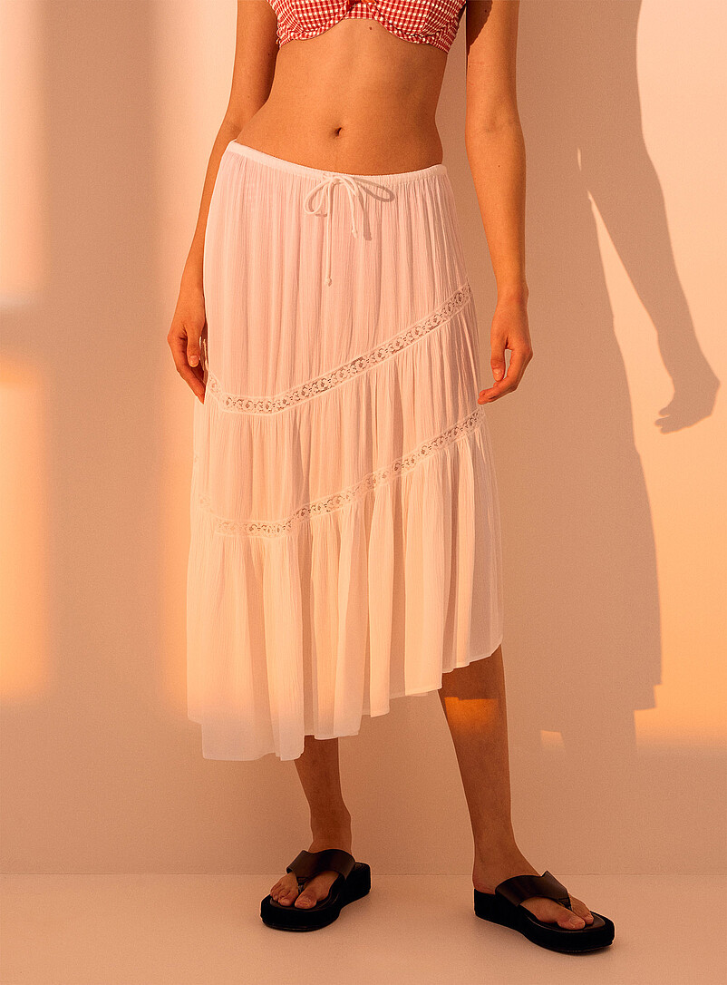 Simons White Asymmetrical lace-stripe skirt for women