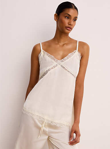 Miiyu Ivory/Cream Beige Lace accents asymmetrical satiny cami for women