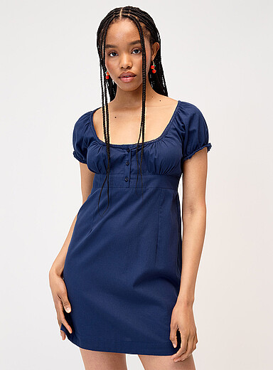 Twik: La robe coton manches bouffantes Bleu marine - Bleu nuit pour femme