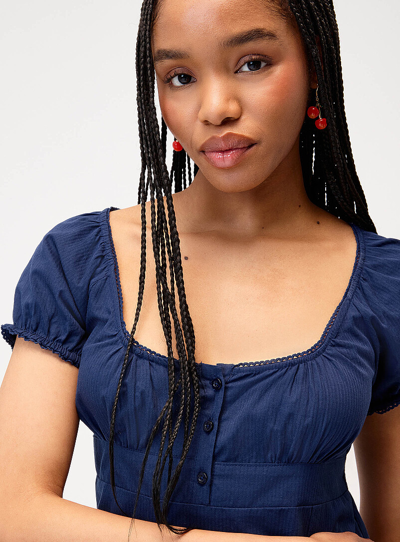 Twik Navy/Midnight Blue Cotton puff-sleeve dress for women