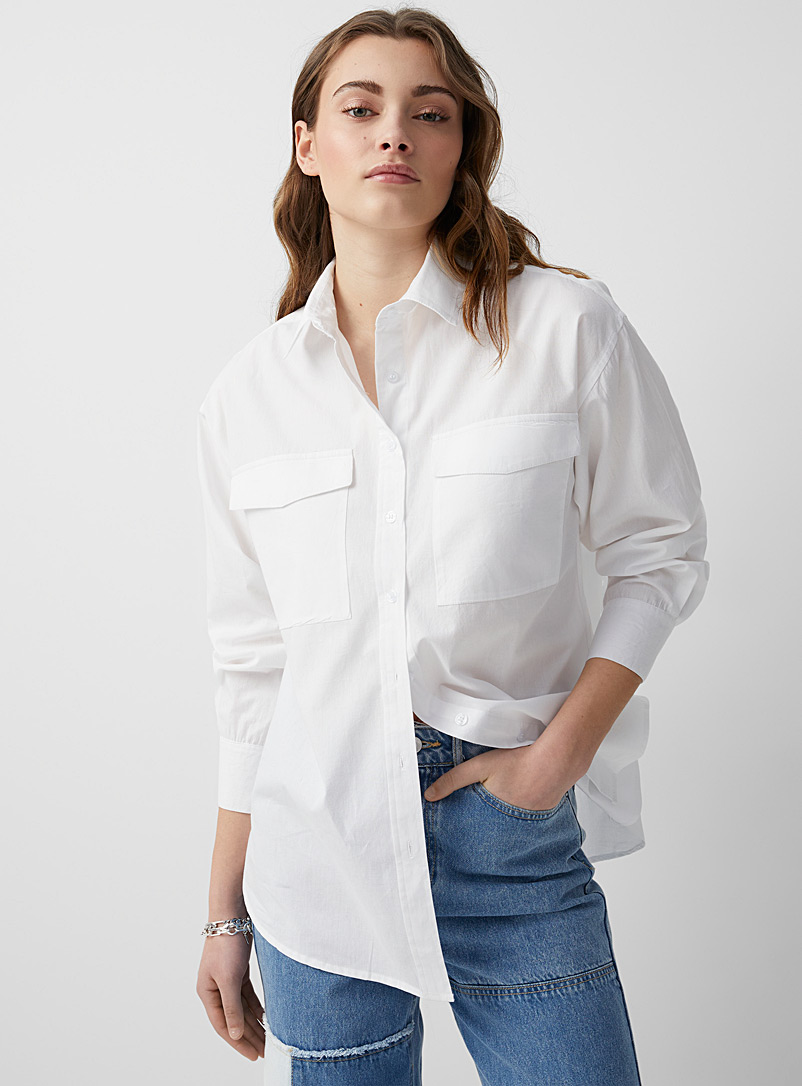 Twik White Flap patch pockets loose shirt for women
