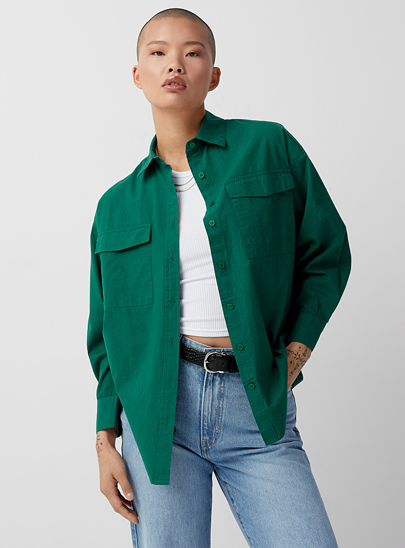 Twik Mossy Green Flap patch pockets loose shirt for women