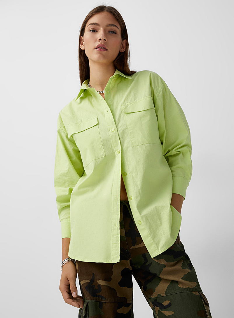 Twik Lime Green Flap patch pockets loose shirt for women