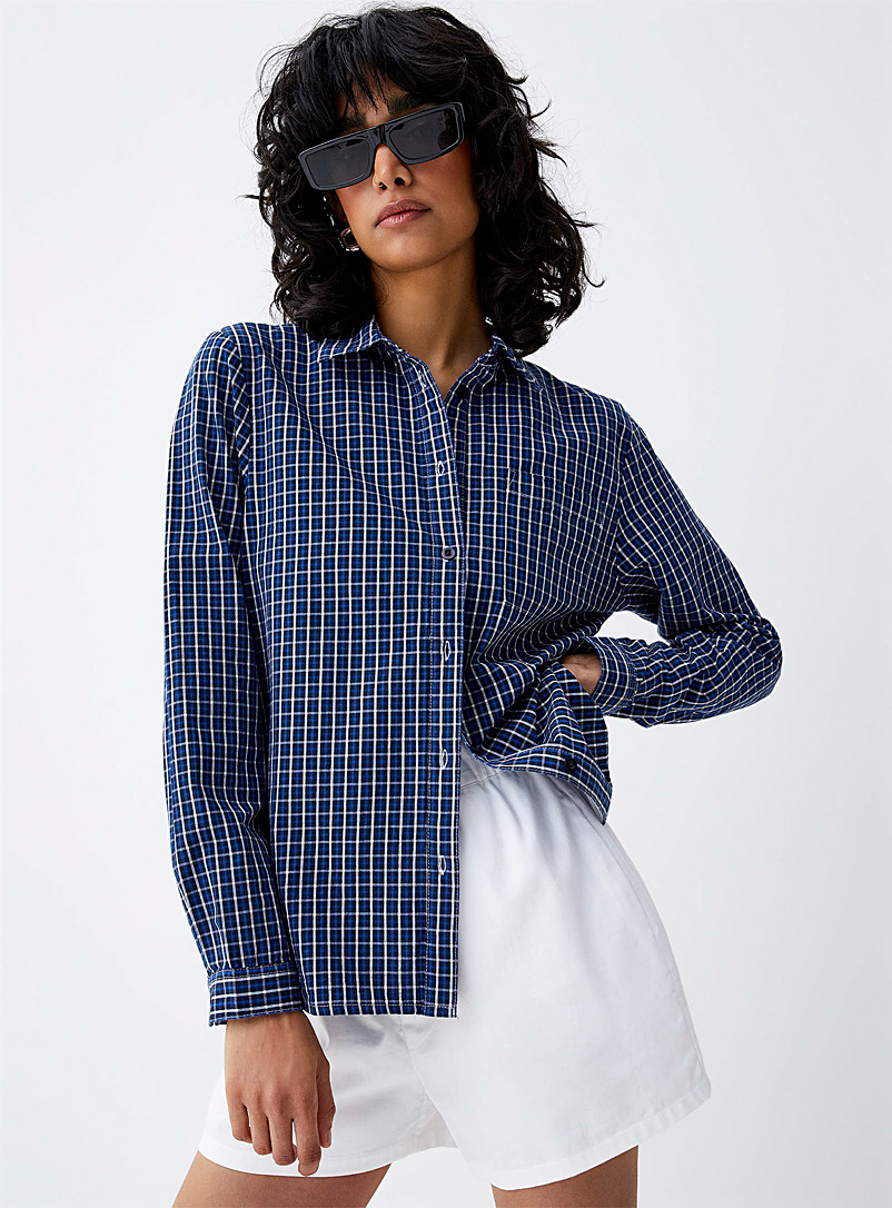 Twik Patterned Blue Checkered loose shirt for women