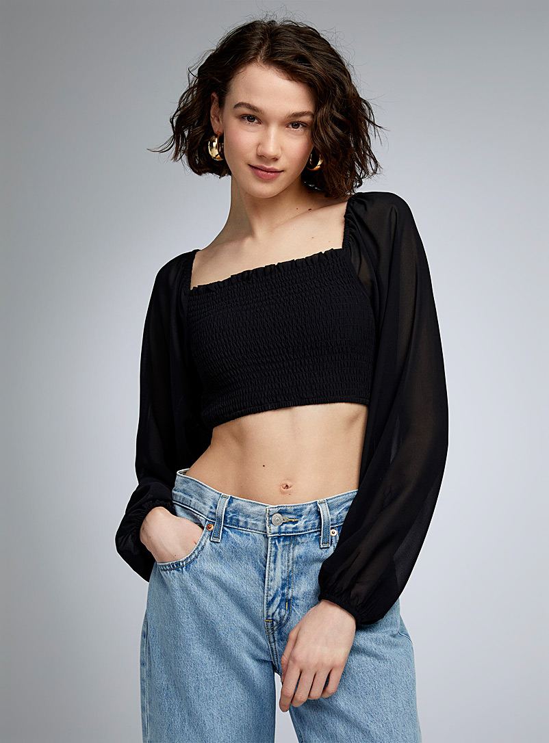 Twik Black Puff-sleeve smocked cropped blouse for women