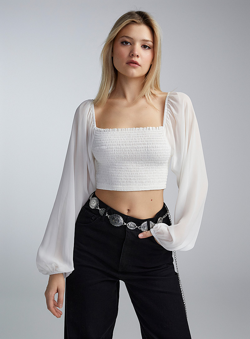 Twik Off White Puff-sleeve smocked cropped blouse for women