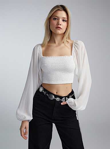 Twik Ivory White Puff-sleeve smocked cropped blouse for women