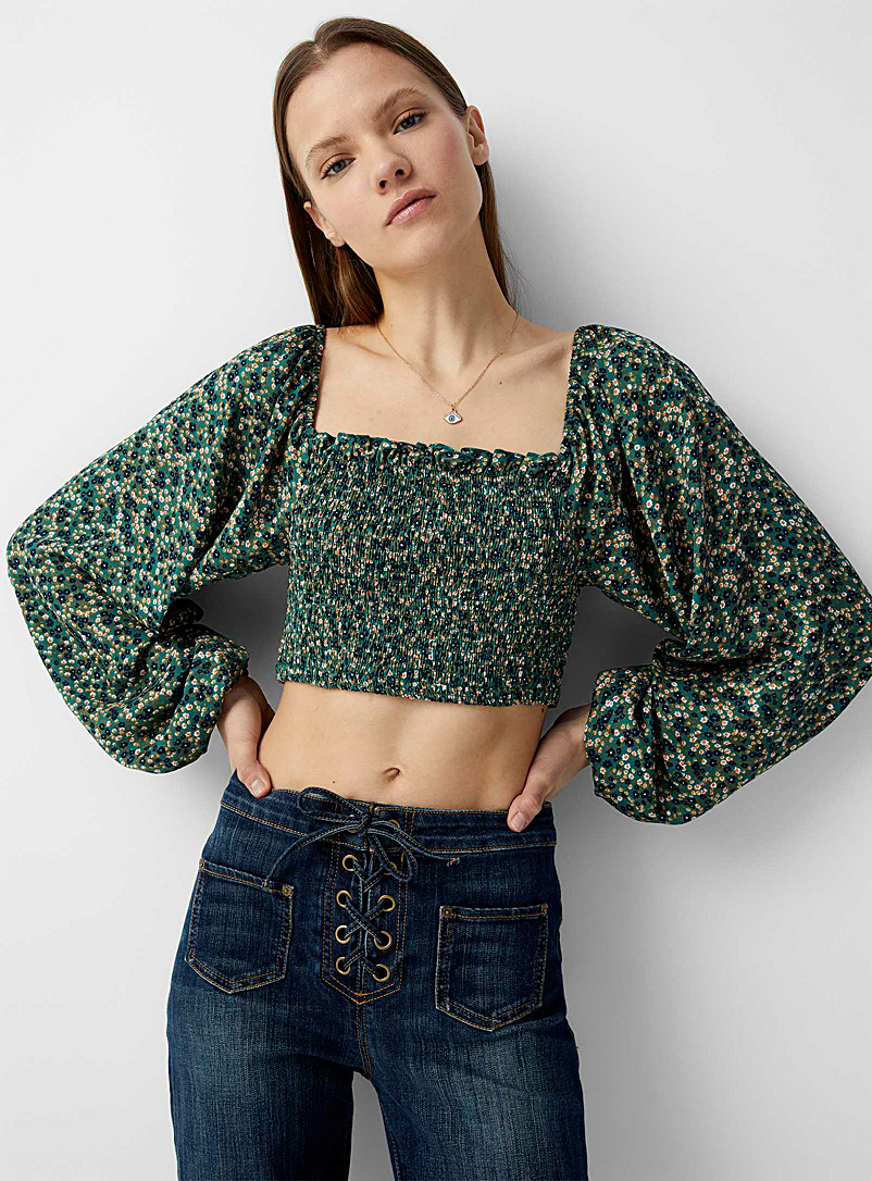 Twik Patterned Green Puff-sleeve smocked cropped blouse for women