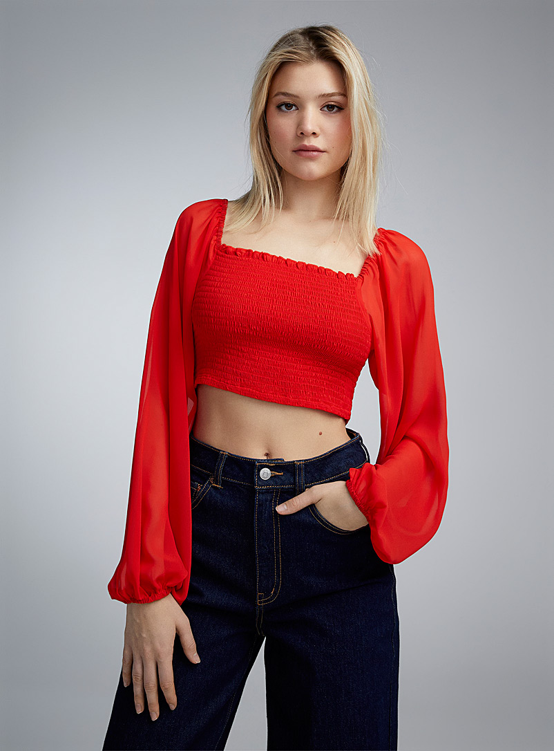 Twik Red Puff-sleeve smocked cropped blouse for women