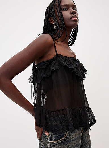 Twik: La camisole chiffon diaphane broderies Noir pour femme