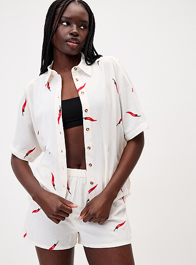 Chemise à Manches Courtes Polyester Double Couche Femme Avec Fente Latérale + Short - Élégante Et Confortable