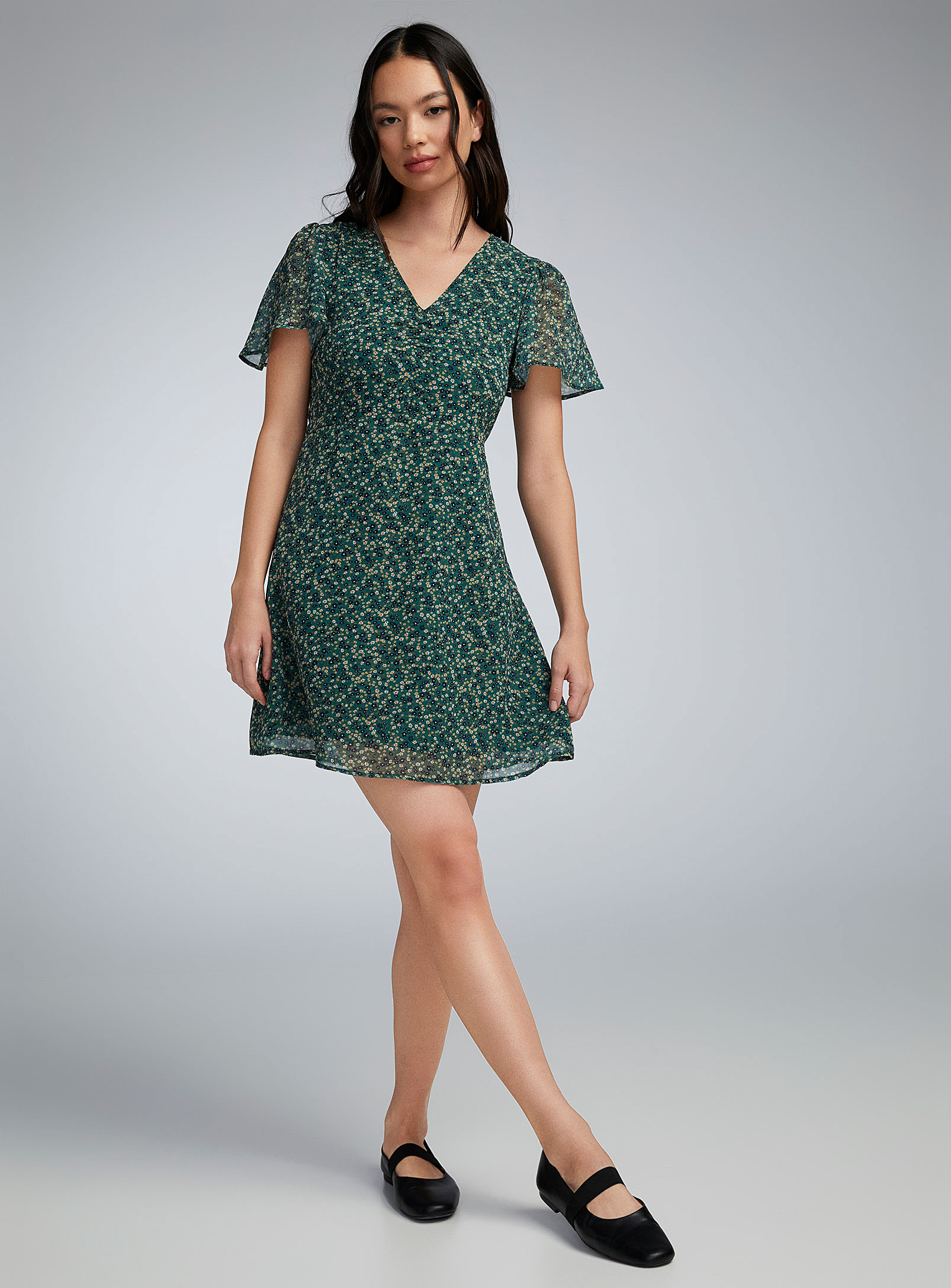 Twik Ruched Chiffon V-neck Dress In Patterned Green