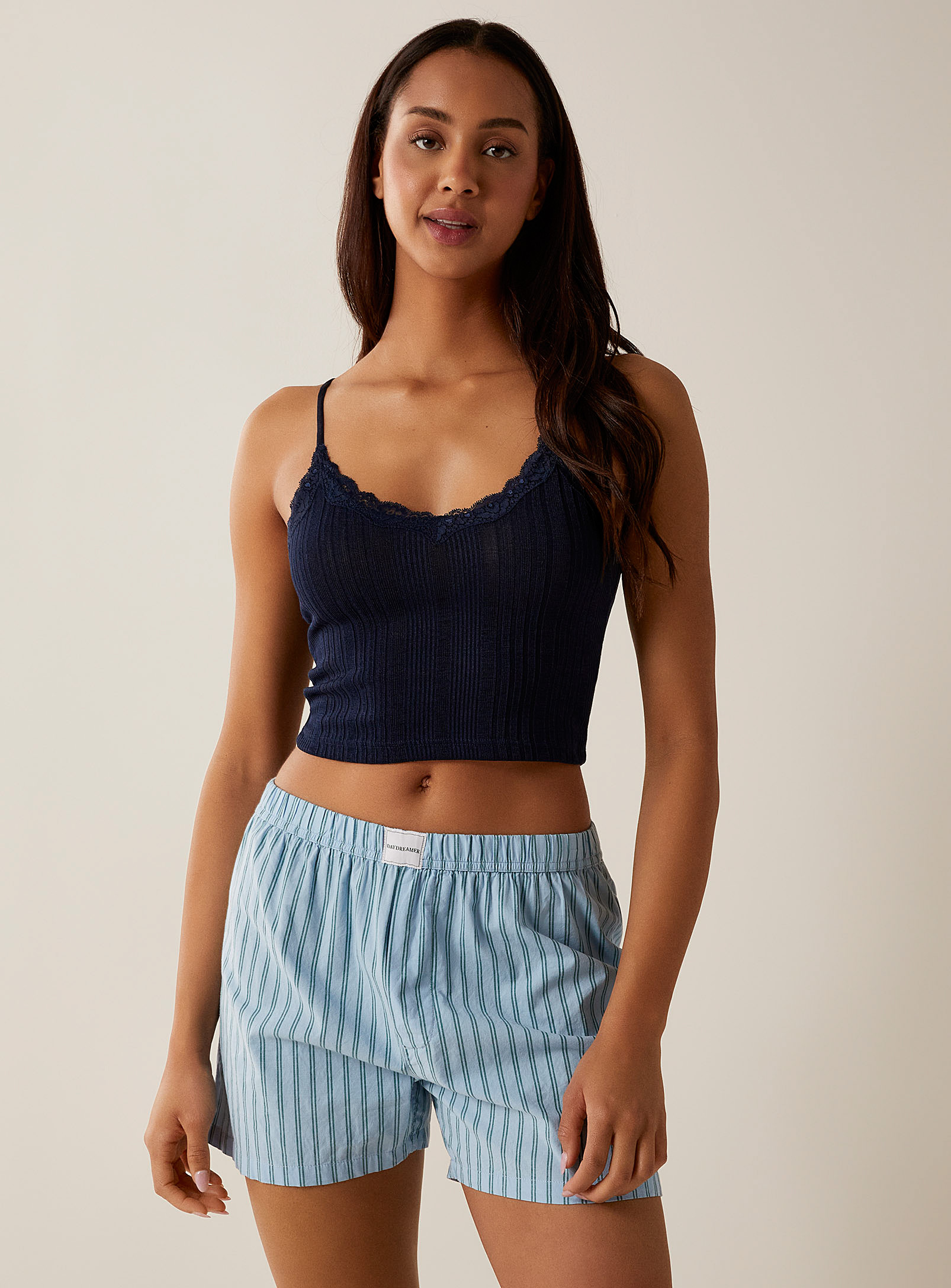 Miiyu Lace Edging Ribbed Cropped Lounge Cami In Navy/midnight Blue