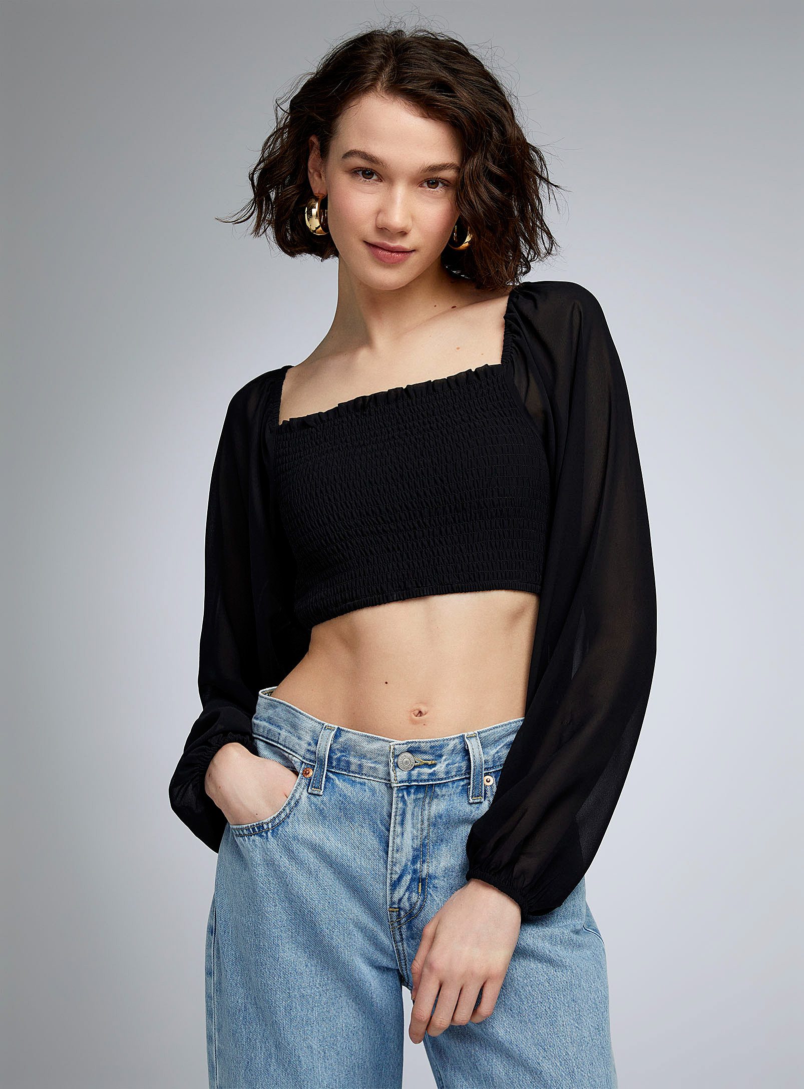 Twik Puff-sleeve Smocked Cropped Blouse In Black