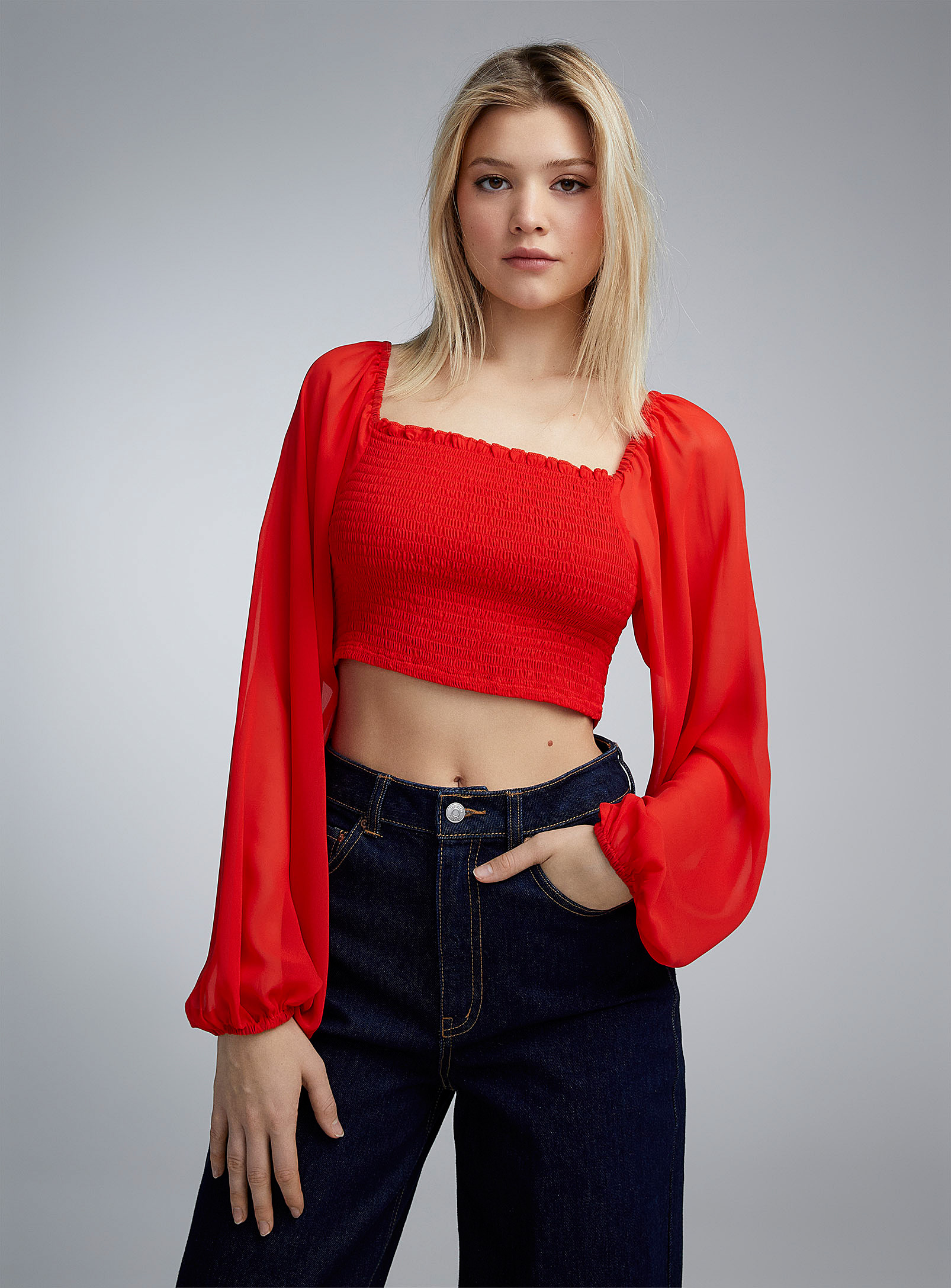 Twik Puff-sleeve Smocked Cropped Blouse In Red