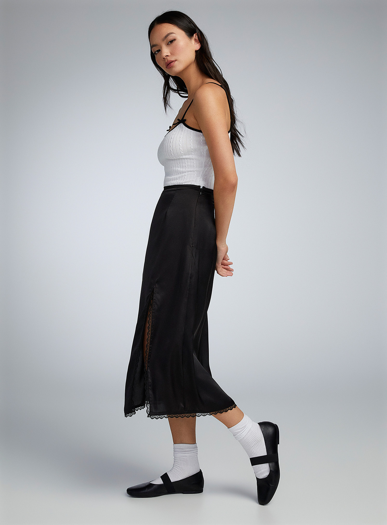 Twik Lace Trim Satiny Skirt In Black