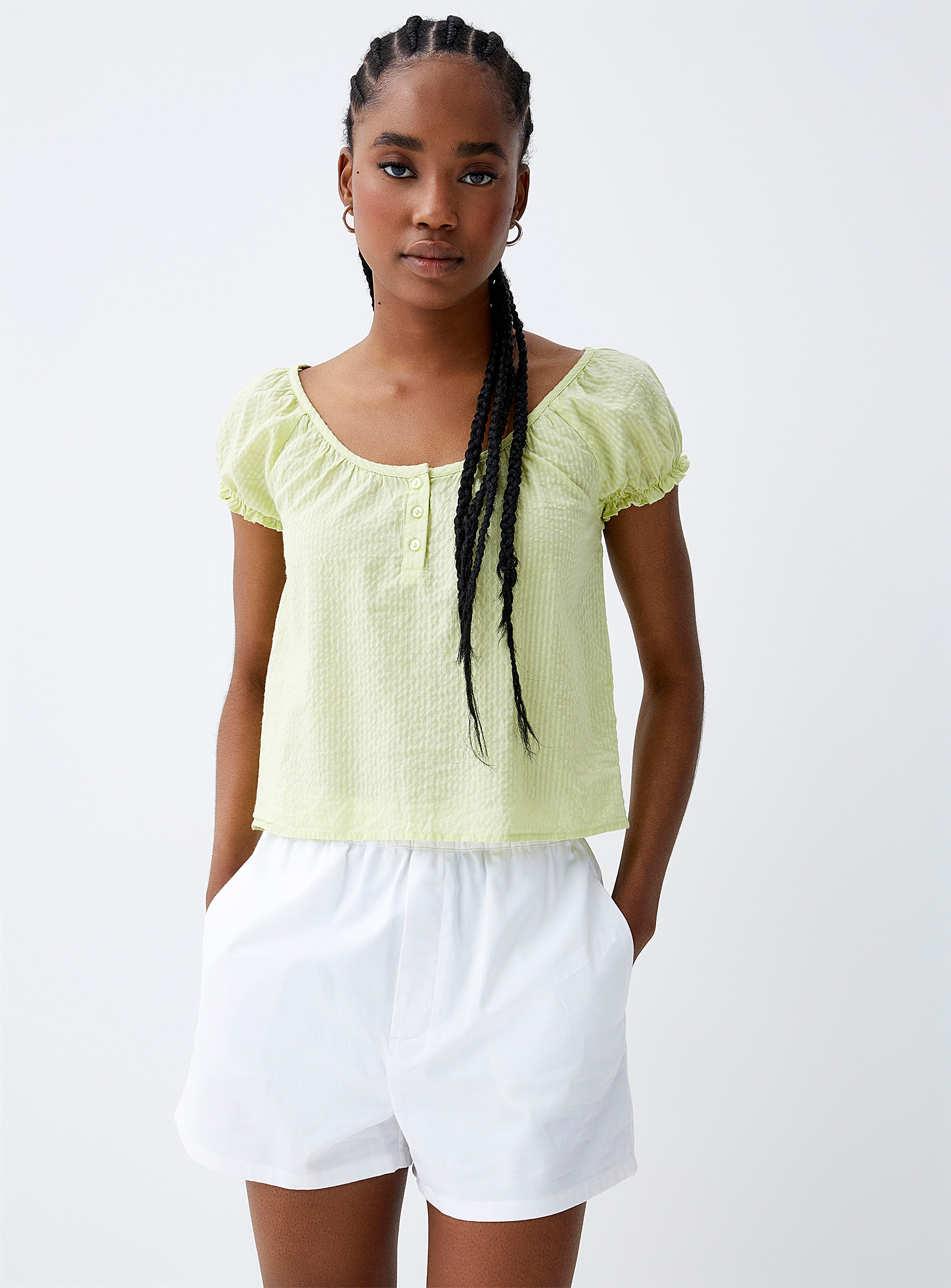 Twik Waffled Cotton Cropped Blouse In Emerald/kelly Green