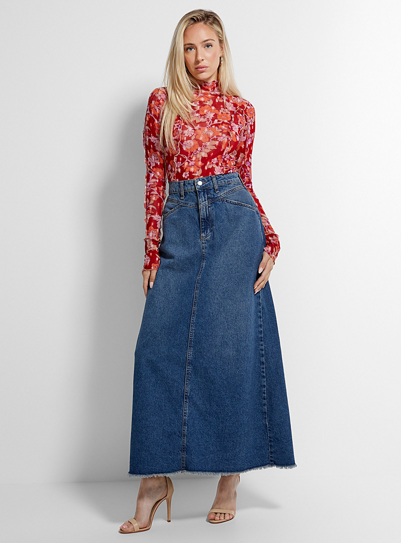 Free People Blue Come As You Are long flared denim skirt for women