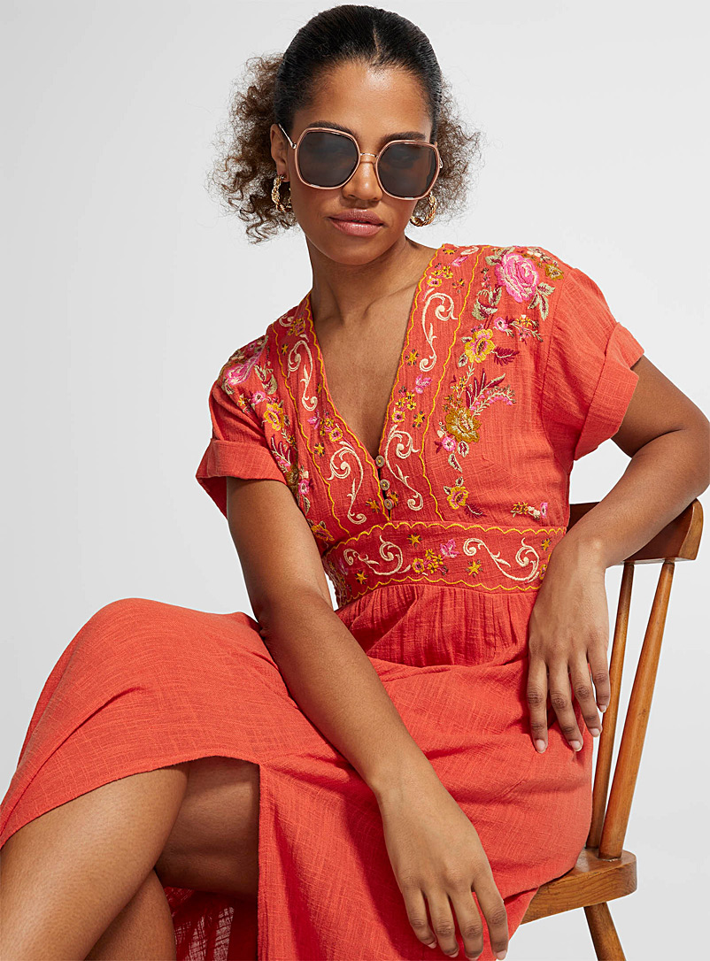 Free People Orange-red Maisle long floral embroidery dress for women