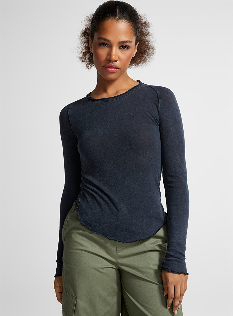 Free People Navy Be My Baby wavy trim top for women