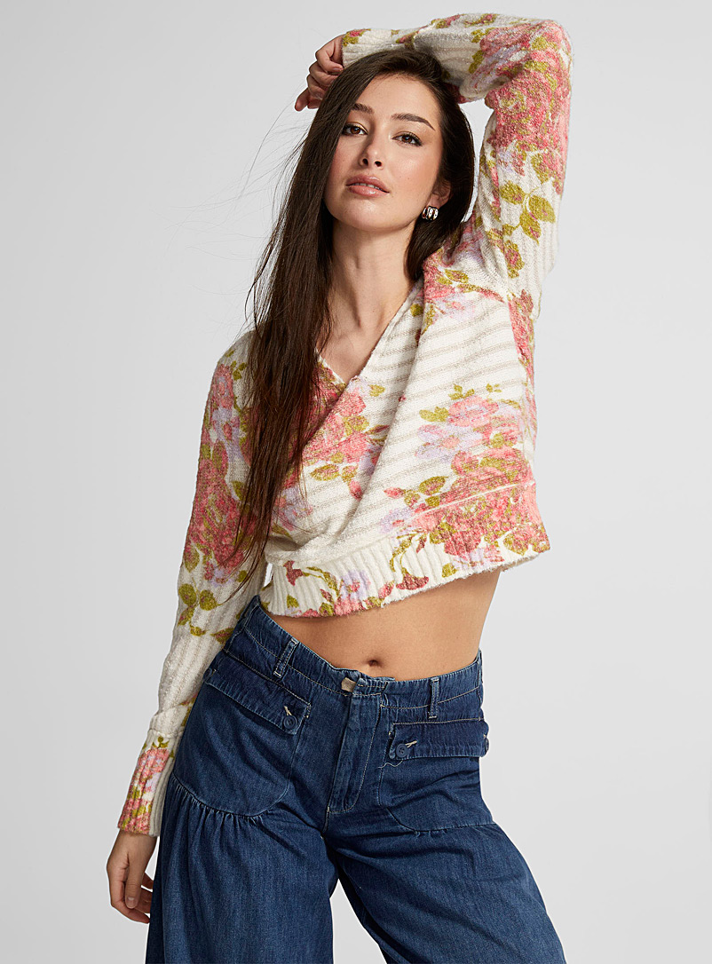 Free People Pink Rose garden V-neck knit sweater for women