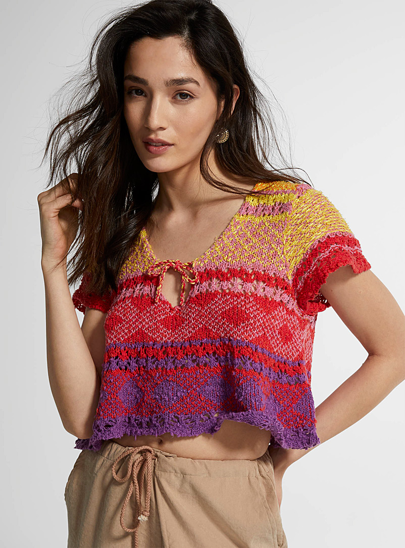 Free People Patterned Red Bright colours crochet cropped sweater for women