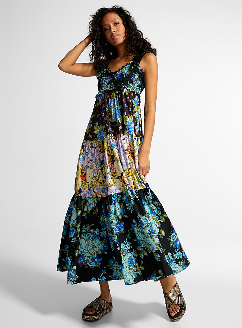 Free People Patterned Blue Rose garden ribbons long tiered dress for women