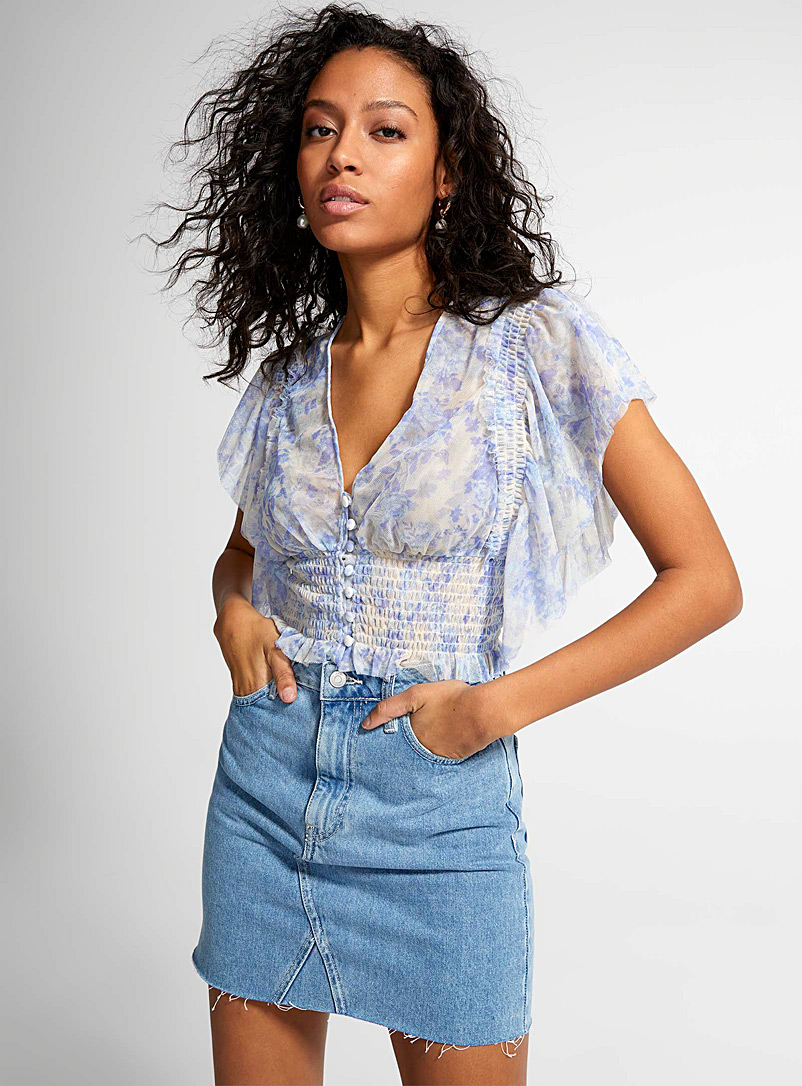 Free People Patterned Blue Blue flowers mesh cropped blouse for women