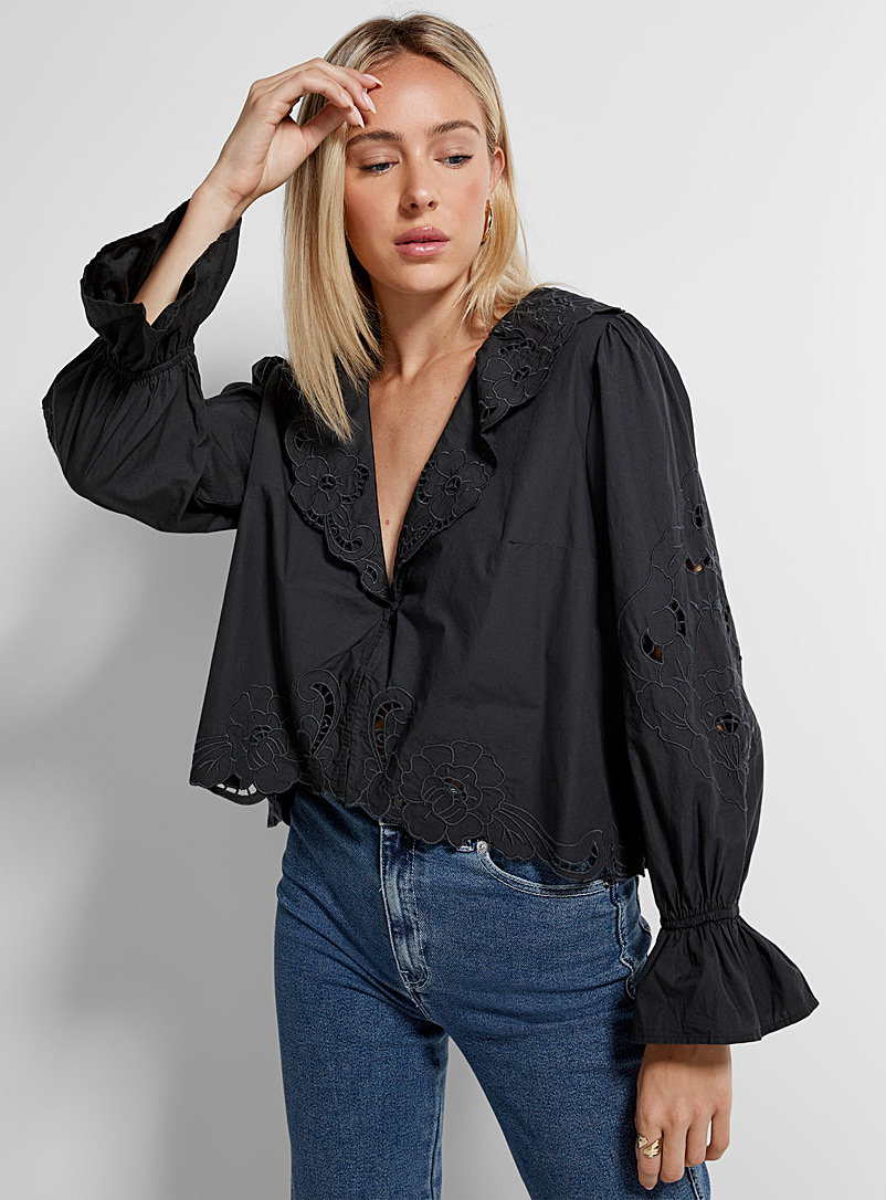 Free People Black Maisie plunging V-neck embroidered blouse for women