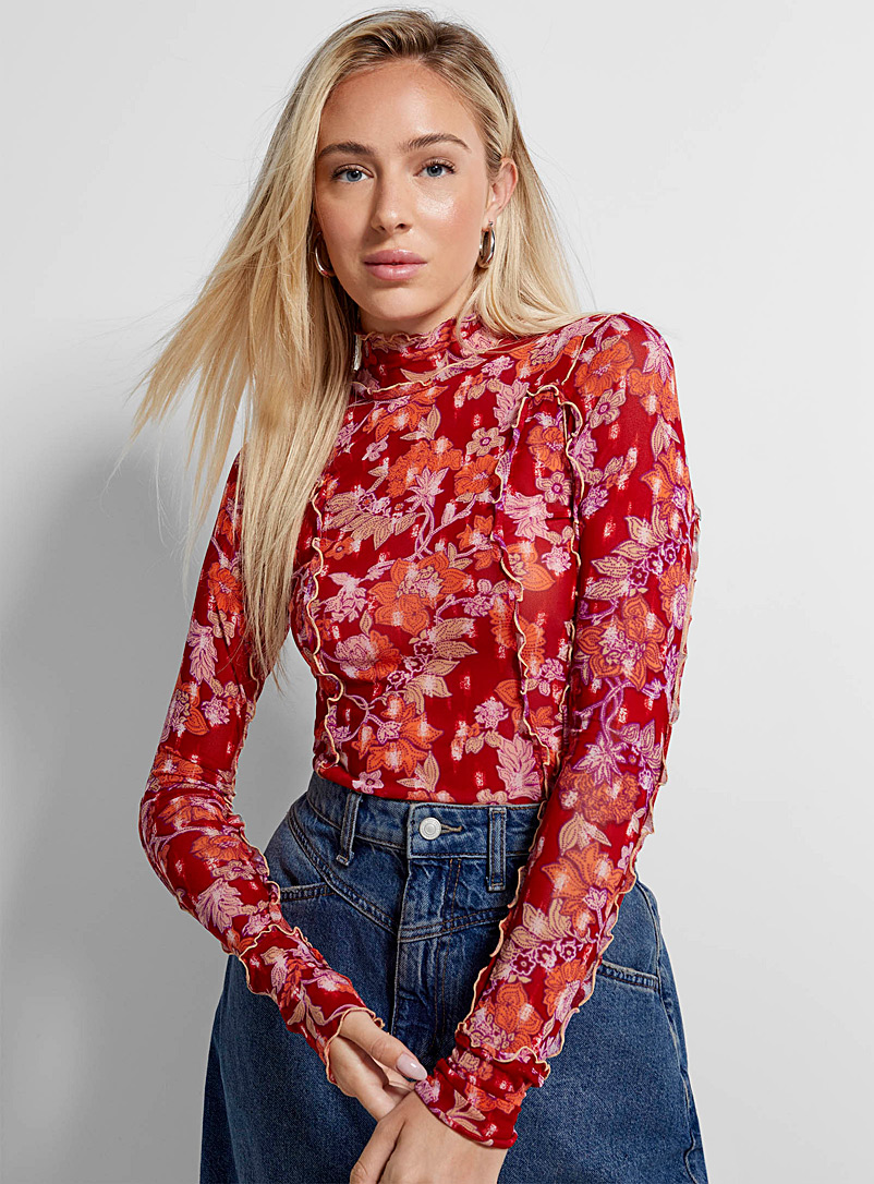Free People Patterned Red Charlie printed micromesh T-shirt for women