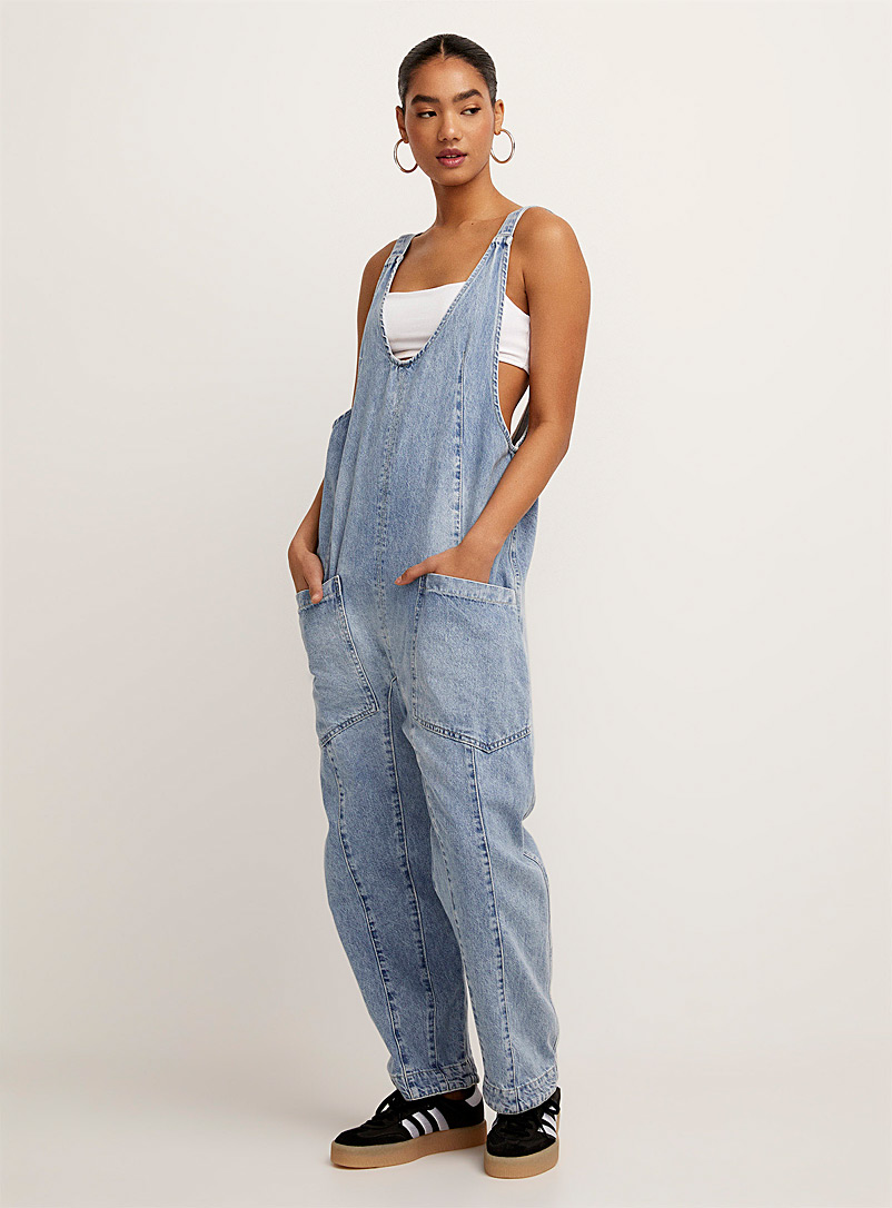 Free People Blue High Roller faded denim jumpsuit for women