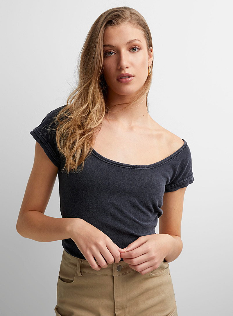 Free People Charcoal  Bout Time open neckline T-shirt for women