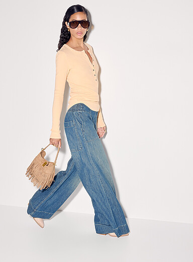 Free People Blue Oversized pure cotton denim pant <b>Fit: Ultra-wide leg, high rise</b> for women