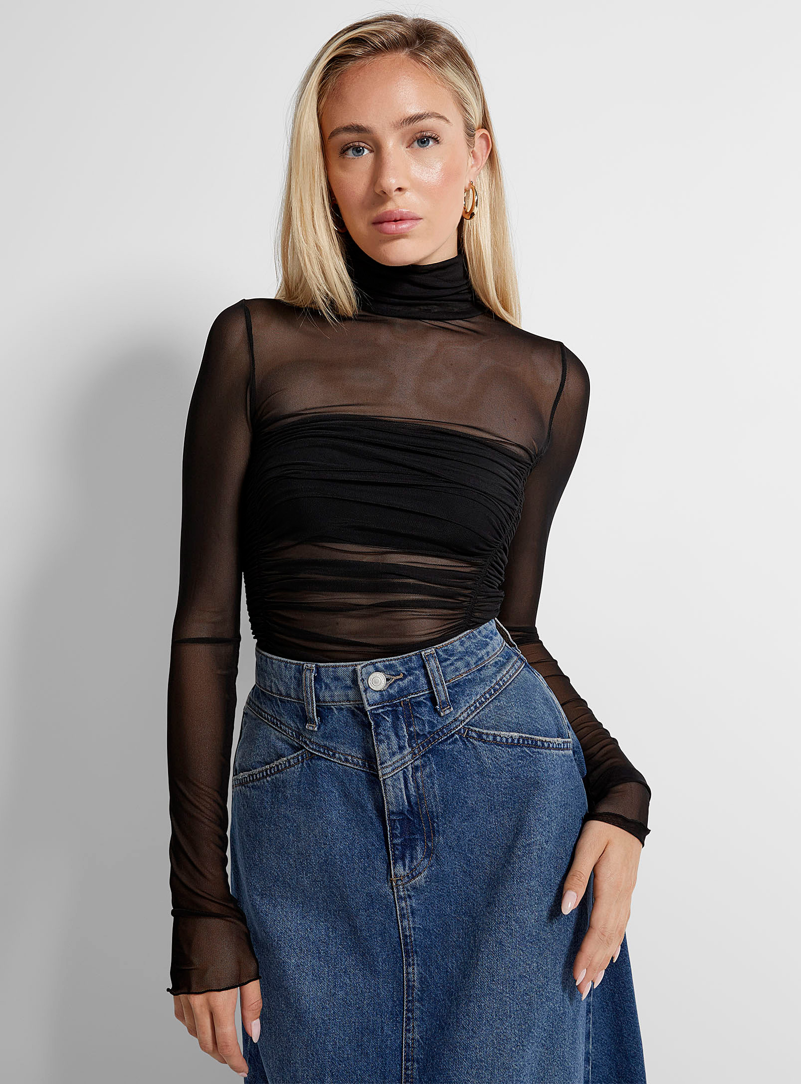 Free People Under It All Gathered Micromesh Bodysuit In Black
