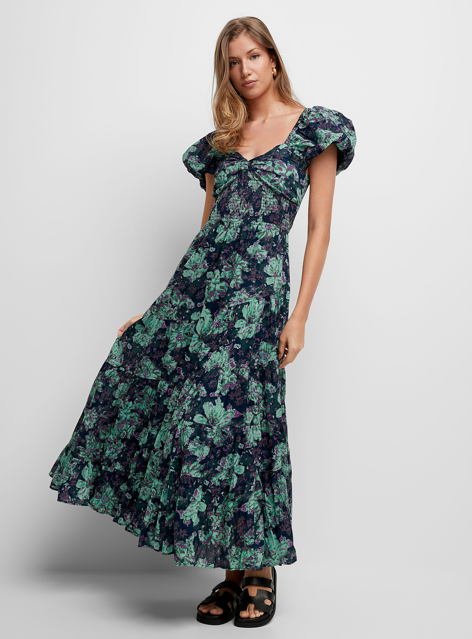 Free People Sundrenche Nocturnal Flowers Long Tiered Dress In Patterned Blue