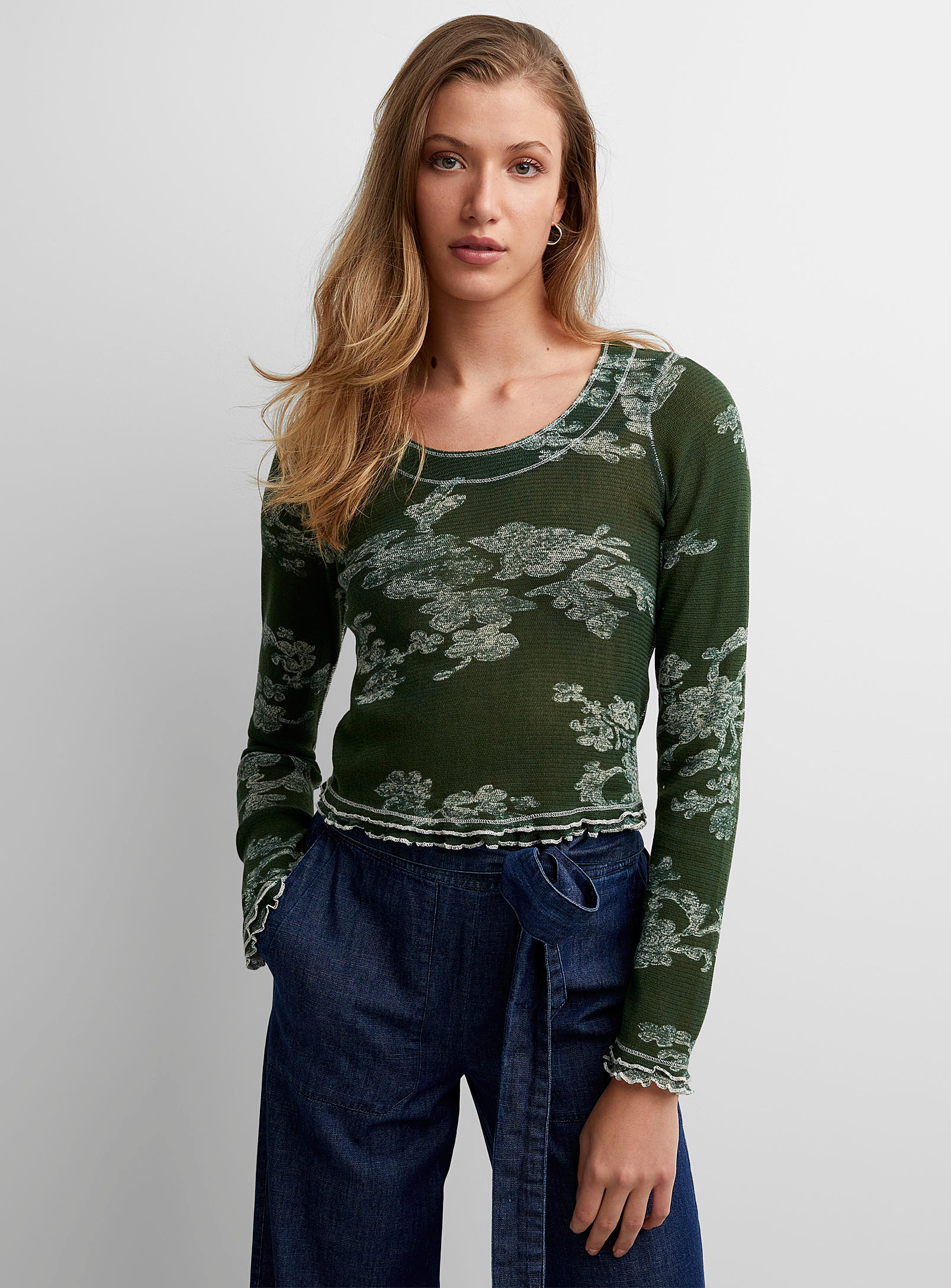 Free People Garner Forest Green Scalloped T-shirt In Patterned Green