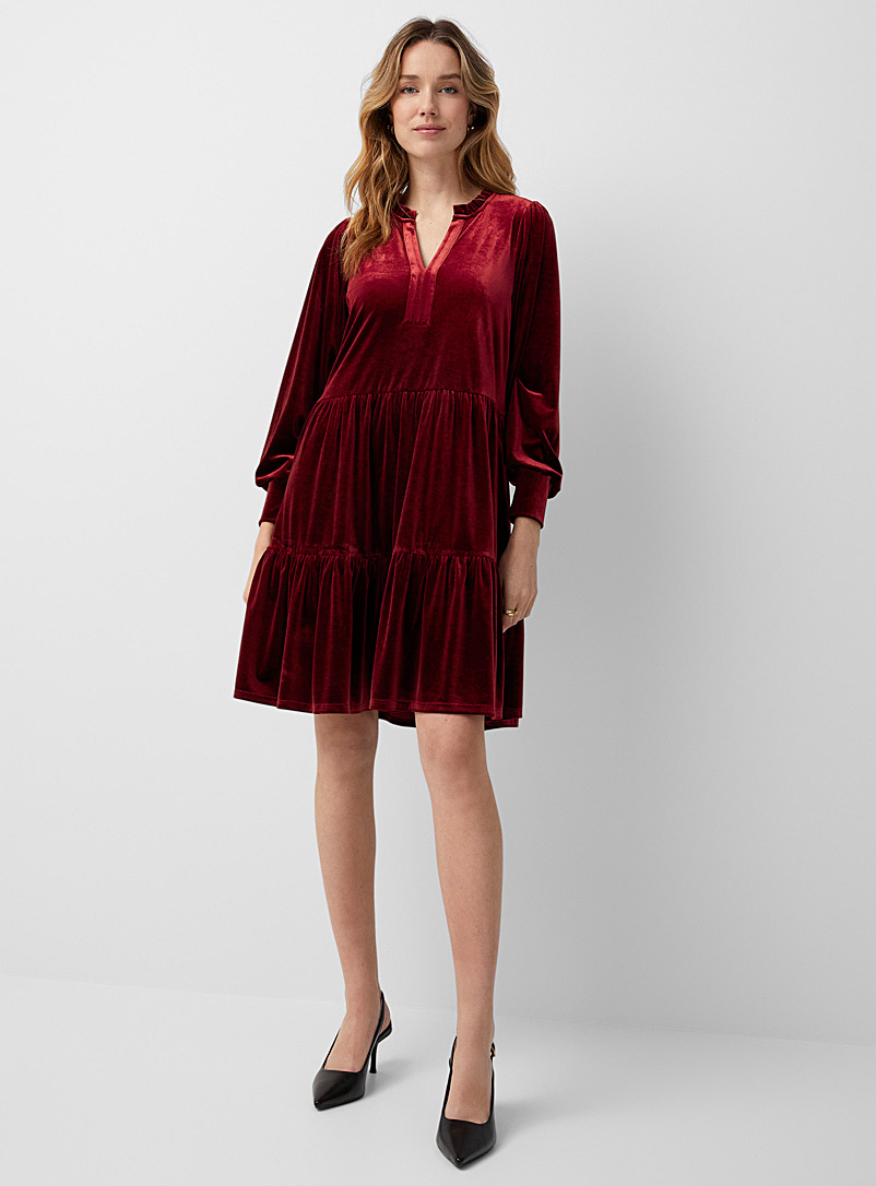 Part Two: La robe velours étagée Viggase Rouge foncé-vin-rubis pour femme