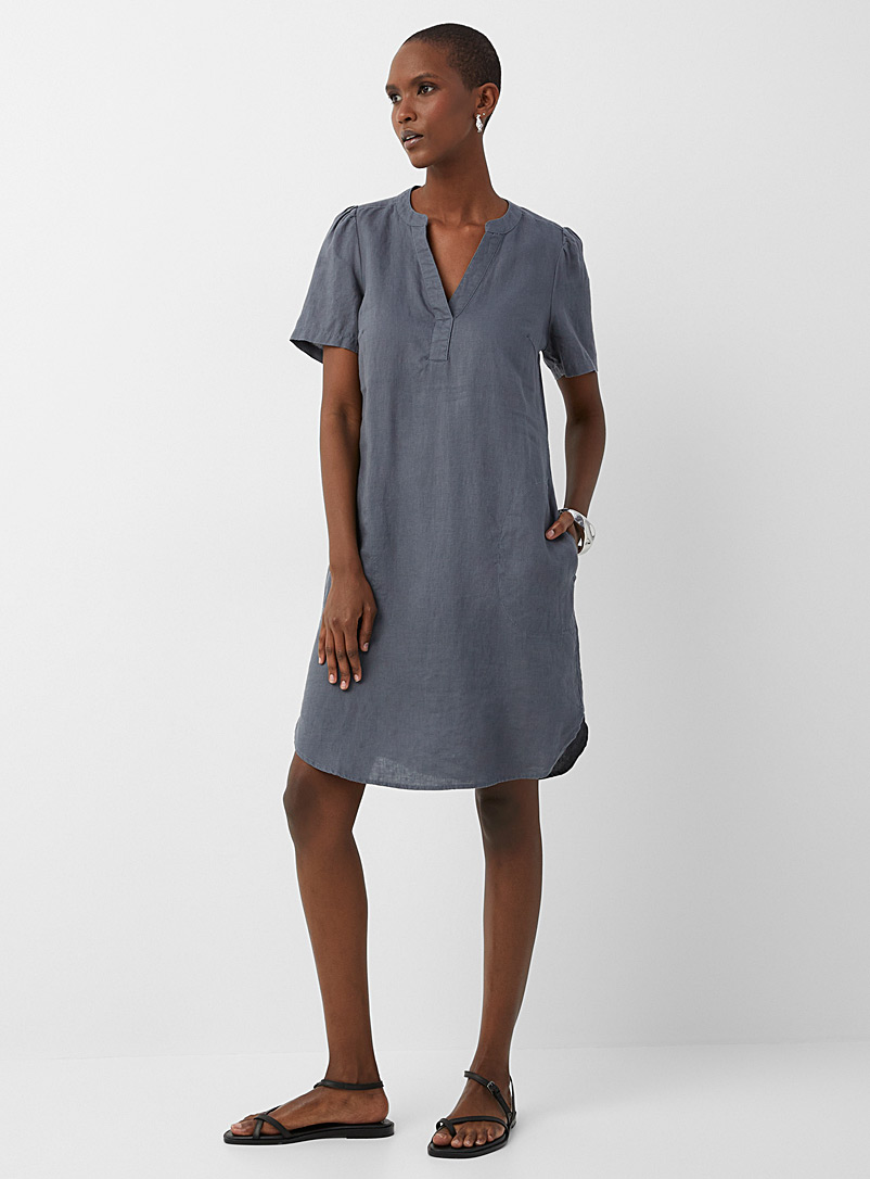 Part Two Grey Aminase slit collar pure linen dress for women
