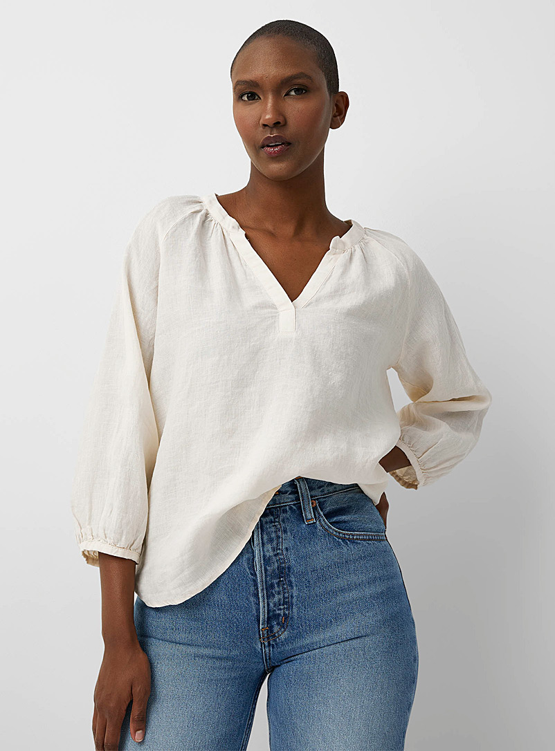 Part Two Cream Beige Nidine puff-sleeve linen blouse for women